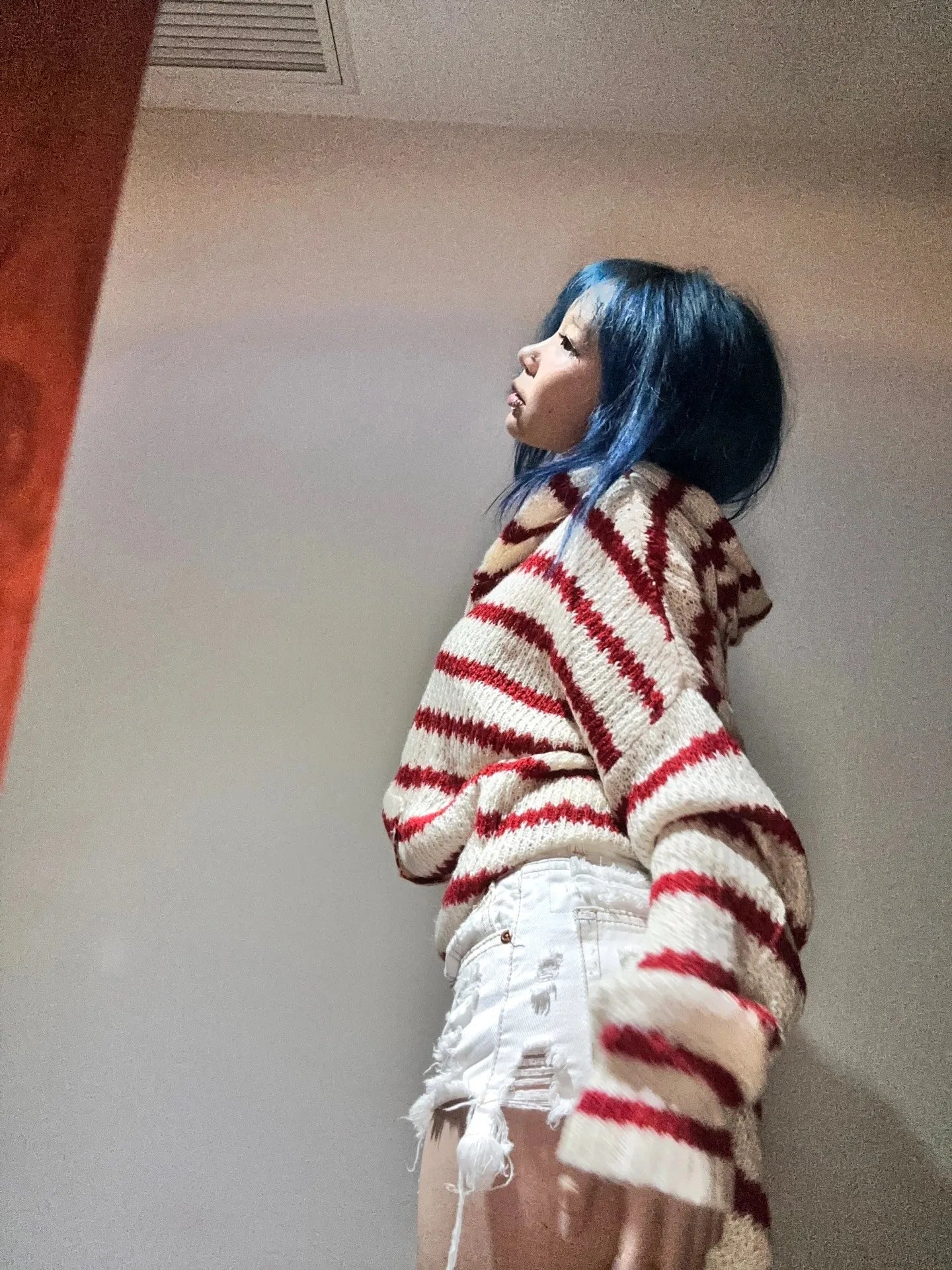 Japanese Y2k Hooded Cardigan 2000s Aesthetics Rabbit Ears Zipper Knitwear Vintage Harajuku Red Stripe Sweater Grunge