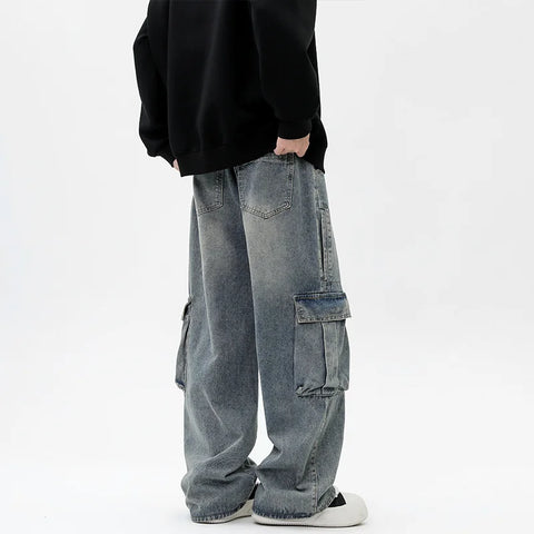 Vintage Y2K Streetwear Cargo Jeans for Straight Wide Leg Pants Loose Casual Denim Trousers Hip Hop Harajuku