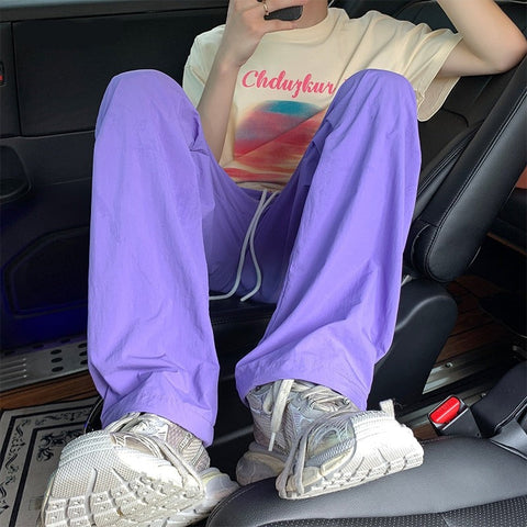 Thin Nylon Pants Y2k Colorful Solid Quick Drying Pants Hip Hop Girls Loose Pant Streetwear FeTrousers 5xl