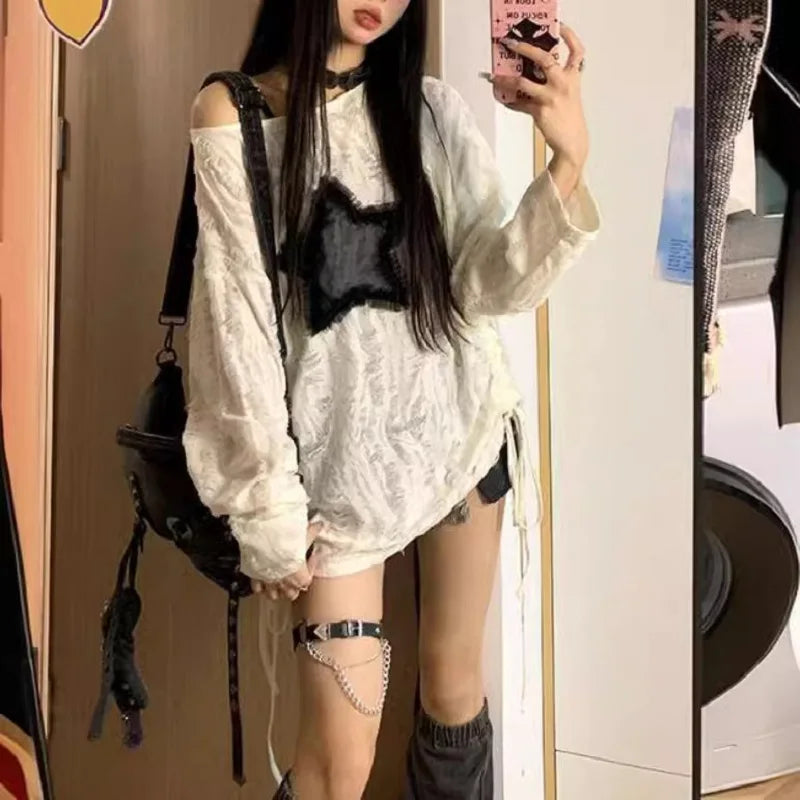 T-Shirt Star Print Y2k Aesthetic Loose Tees Kpop Fairycore Ripped Tshirt Harajuku Gothic Streetwear