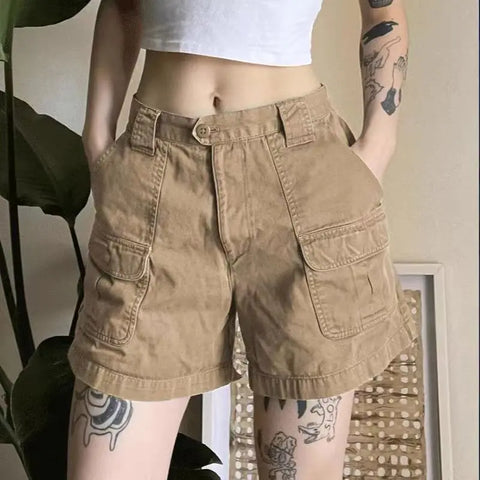 Y2k Vintage Streetwear Cargo Denim Shorts American Retro Harajuku Solid Loose Jeans Casual Pocket Chic