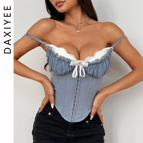 V Neck Y2K Crop Tops Lace Patchwork Pleated Bowknot Corset Top  Backless Slim Camisole Body Shape Fishbone Bustier