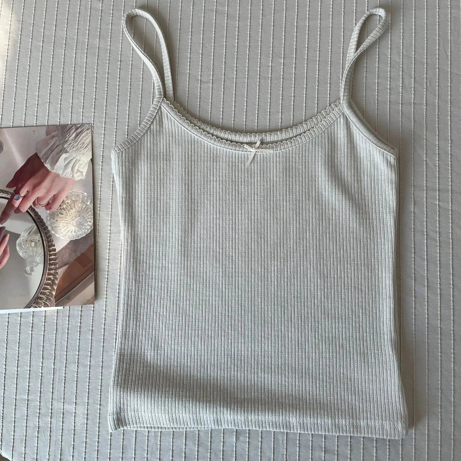 Floral Eyelet Bow Cotton Crop Tops Lace Trim Sleeveless Slim Tank Top Preppy Style Sweet Camisole Y2k Clothes