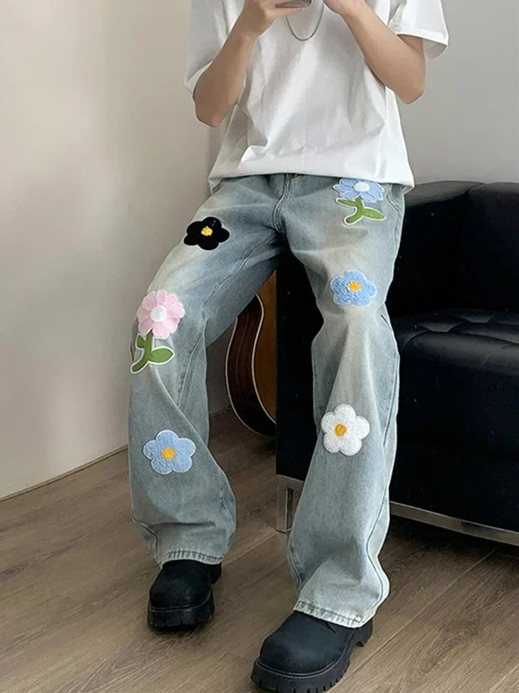 Y2K Vintage Flower Embroidered Jeans For High Street Baggy Straight Wide Leg Denim Pants Design Hip Hop Jean
