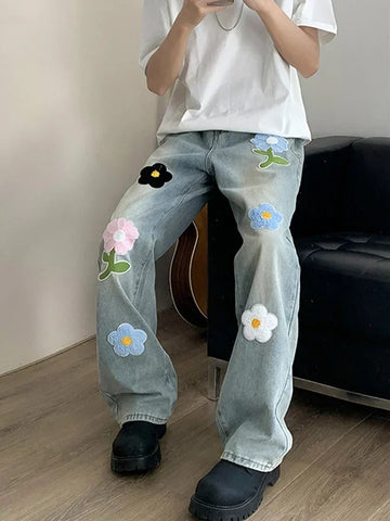 Y2K Vintage Flower Embroidered Jeans For High Street Baggy Straight Wide Leg Denim Pants Design Hip Hop Jean