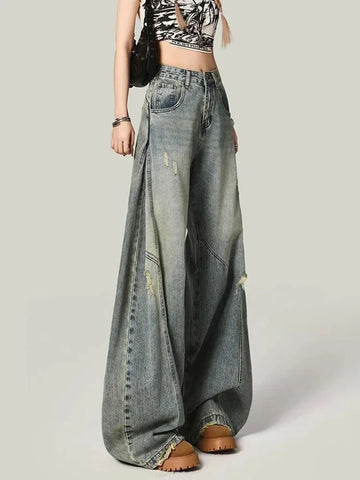 Y2K Hole Jeans Streetwear American Retro High Waist Loose Denim Pants Casual Hip Hop Vintage Pockets Lady Gothic Trousers