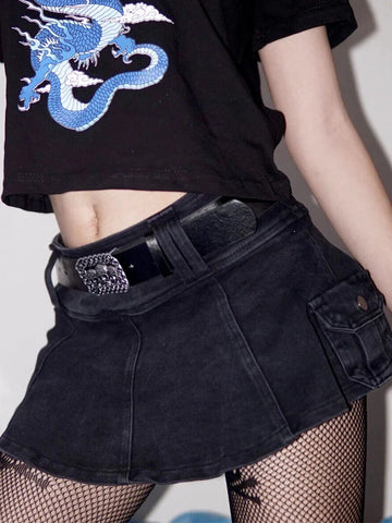 Harajuku Y2k Denim Skirt Dark Gothic Streetwear Mini Skirt with Skull Belt Mall Goth Punk Grunge Emo Clubwear