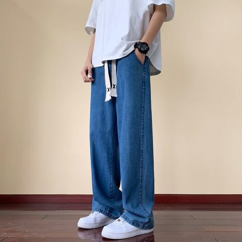 Japanese Style Trend Y2k Baggy Straight Jeans Wide Leg Solid Color Casual Denim Pants High Street Trousers