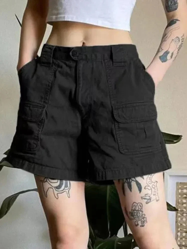 Y2k Vintage Streetwear Cargo Denim Shorts American Retro Harajuku Solid Loose Jeans Casual Pocket Chic