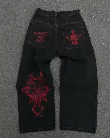 American Jeans Y2K Pants WoGothic Hip Hop Pocket Sequins Rhinestone Retro Blue Jeans Slim High Waist Trousers