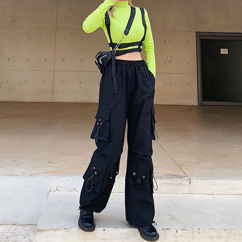 Black Cargo Pants High Waist Hip Hop Loose Vintage Streetwear Grunge Y2k Punk Casual Straight Wide Leg Trousers