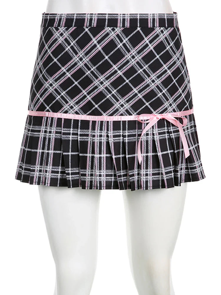 Voguable Y2K Preppy Style Plaid Ribbons Bow A-line Pleated Mini Skirt Dark Academia High Waist Short Skirts Cute Aesthetic