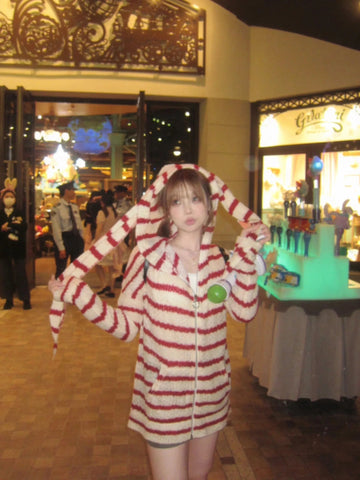 Japanese Y2k Hooded Cardigan 2000s Aesthetics Rabbit Ears Zipper Knitwear Vintage Harajuku Red Stripe Sweater Grunge