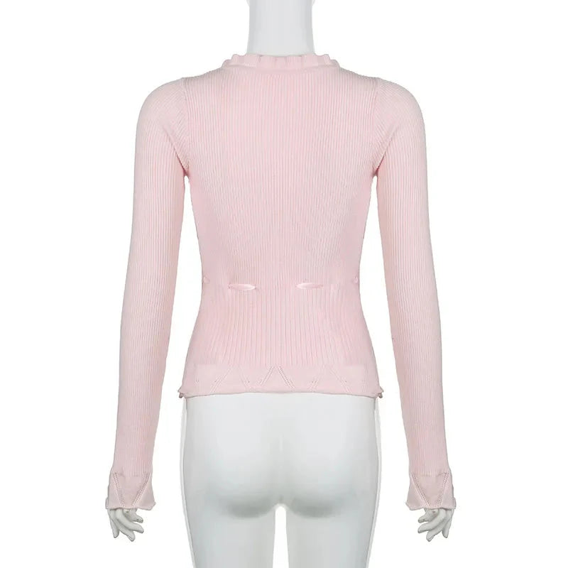 Fairycore Clothing Top y2k Ruffle Lace Patchwork Long Sleeve Knitted T Shirt 2000s Coquette Clothes Streetwear
