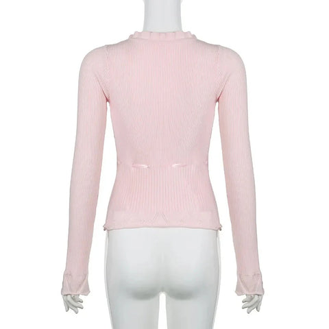 Fairycore Clothing Top y2k Ruffle Lace Patchwork Long Sleeve Knitted T Shirt 2000s Coquette Clothes Streetwear