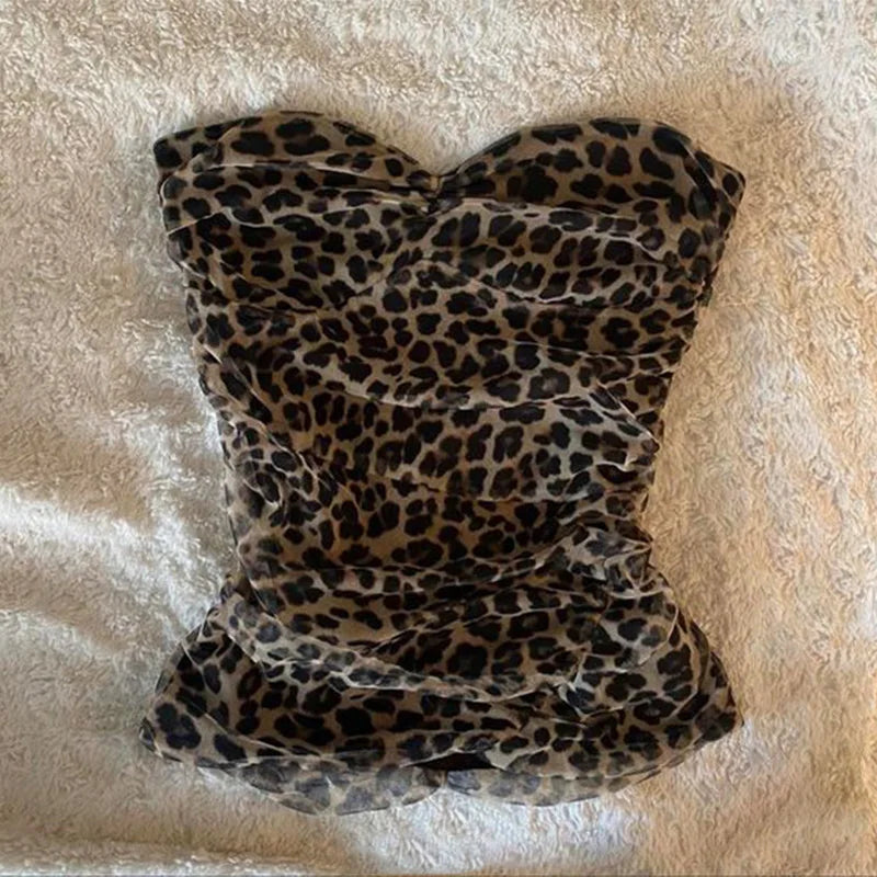 Leopard print tube tops and beautiful urban beauty comfortable commuting Y2K crop tops streetwear retro casual tops