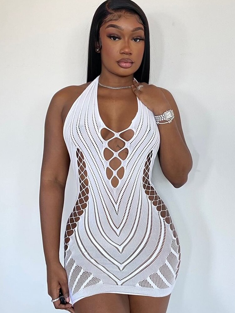 Voguable outfits Solid Halter Sleeveless Backless Mesh Hollow Out Mini Dress Fall Bodycon Party Club Elegant Y2K