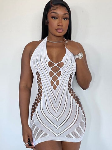 Voguable outfits Solid Halter Sleeveless Backless Mesh Hollow Out Mini Dress Fall Bodycon Party Club Elegant Y2K