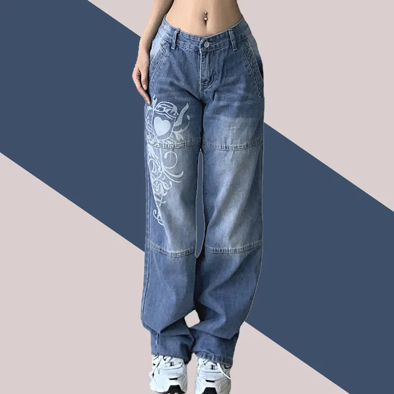 Harajuku printed Cargo Jeans Y2K Dark Blue brown High Waist Streetwear 90S Baggy Jeans Pants Straight wide leg jeans