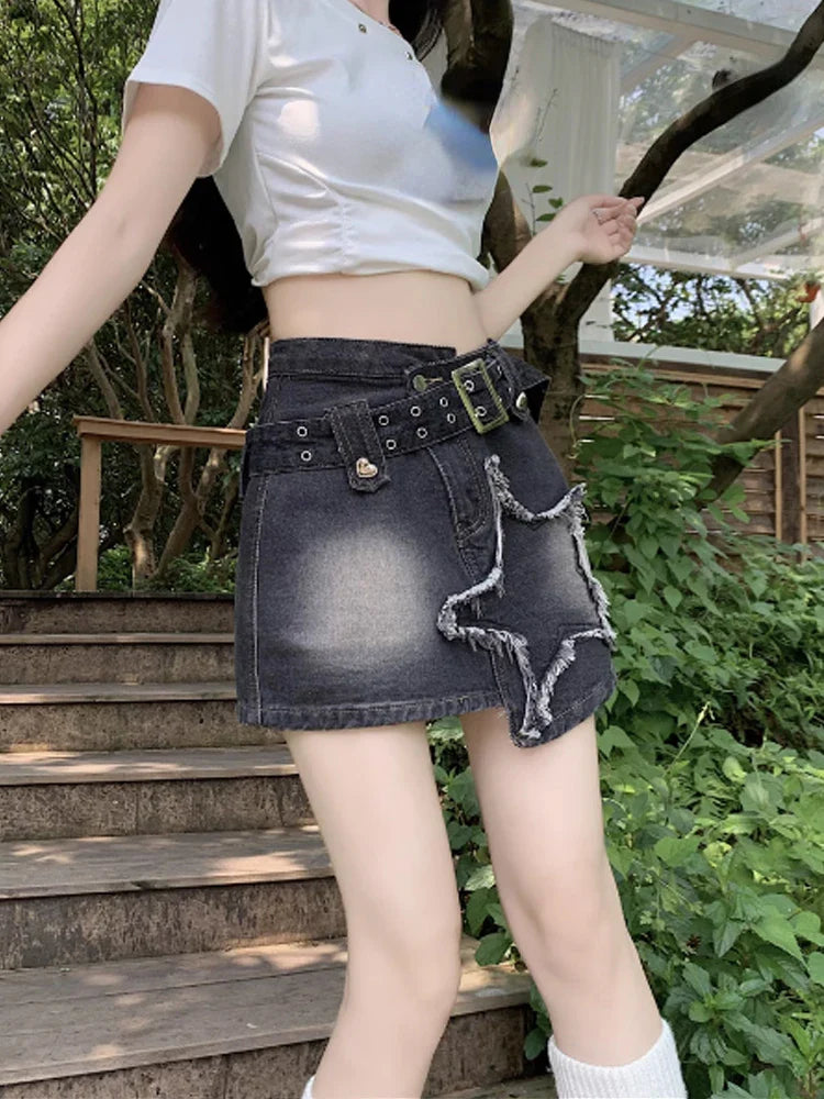 Voguable  2000s Sreetwear Clothes Black Gothic Denim Skirts Harajuku Mini Jean Skirt Vintage Y2k Aesthetic Oversize Skirt