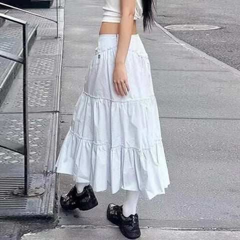 Voguable  Fairycore Floral Edge A-line Long Skirt White Coquette Aesthetic Skirts Y2K Holiday Party Casual Outfit Sweet Skirts
