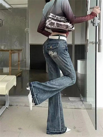 American High Street Spicy Girls Low Waist Jeans Vintage Y2k Design Sense Slim Fit Straight Tube Micro Flare Pants