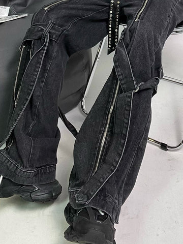ReddaChic Acubi Pants Black Baggy Jeans with Zipper Slit 2-Strip Cyberpunk Y2k Grunge Goth Trousers Emo Streetwear