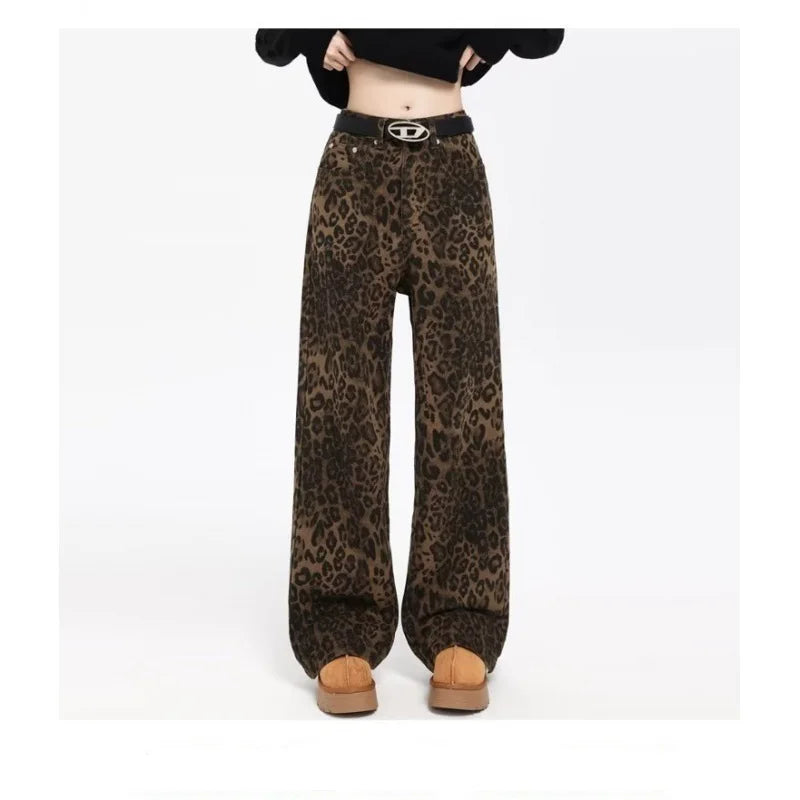 Trend Youth Straight Leopard Print Casual Pants For Y2k American Retro Design Feel Temperament Commuter Cargo Pants