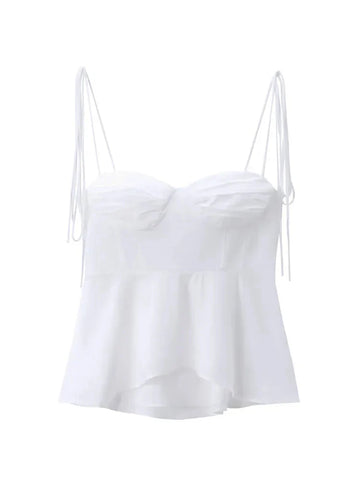 White Smocked Strappy Camisole Sleeveless Ruffle Slim Bra Solid Color Streetwear Y2k Tops Camisole