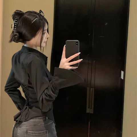 Harajuku Bandage Shirts Y2k Korean All Match Streetwear FeSlim Blouse Casual White Bell Sleeve Shirt