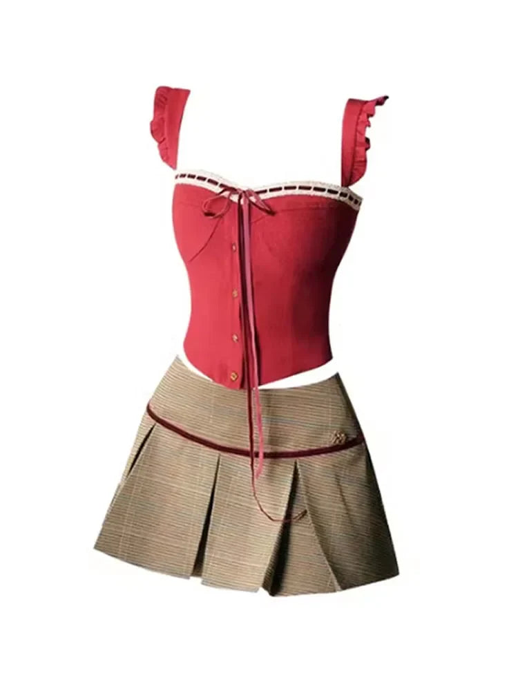 Voguable Harajuku 2000s Aesthetic Outfits 2 Piece Skirt Set Gyaru Off Shoulder Red Tank Top + Japanese Vintage Pleated Skirt Coquette Y2K