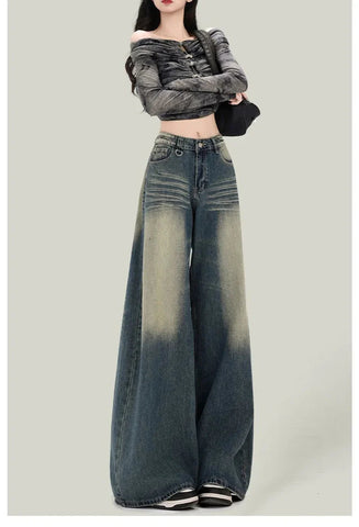 Streetwear Retro Jeans Loose High Waist Y2K Denim Pants Casual American Harajuku Fall FePockets Wide Leg Trousers New