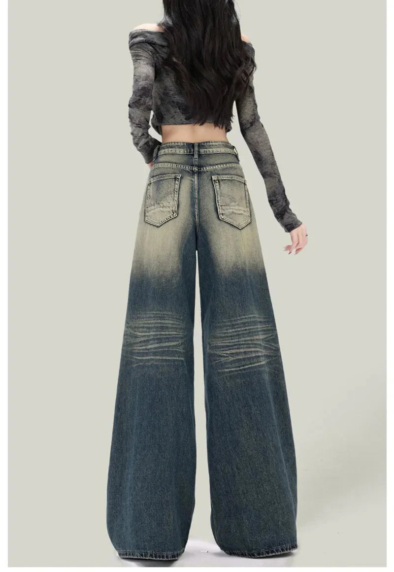 Streetwear Retro Jeans Loose High Waist Y2K Denim Pants Casual American Harajuku Fall FePockets Wide Leg Trousers New