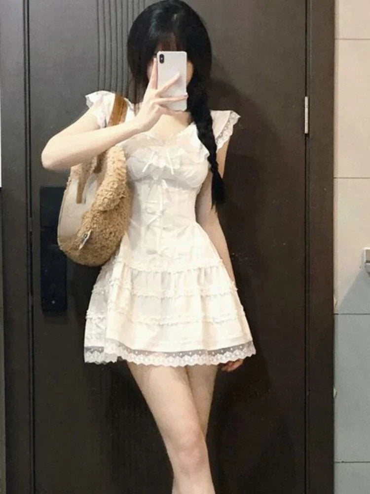 Voguable Y2k Coquette White Lolita Sweet White Kawaii Cute Mini Dress Lace Bow Princess Slip Lace Short Dresses Fashion