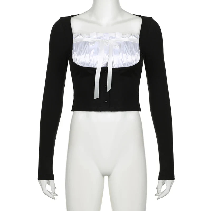 Voguable Sweet Contrast Pleated Satin Patchwork Cropped Top Coquette Slim-fit Knitted T-shirts Fall Y2K Tops Kawaii