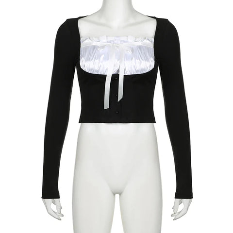 Voguable Sweet Contrast Pleated Satin Patchwork Cropped Top Coquette Slim-fit Knitted T-shirts Fall Y2K Tops Kawaii