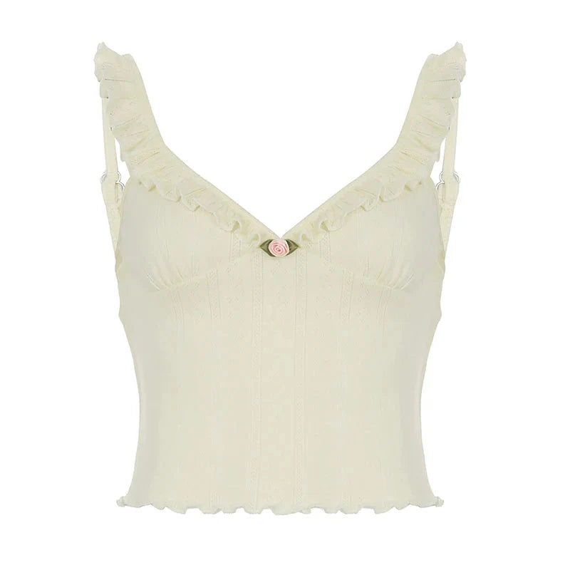Cute Coquette Ruffles V-neck Crop Top Casual Hollow Out Holes Tees Y2k Aesthetic Vest Holiday Clothing
