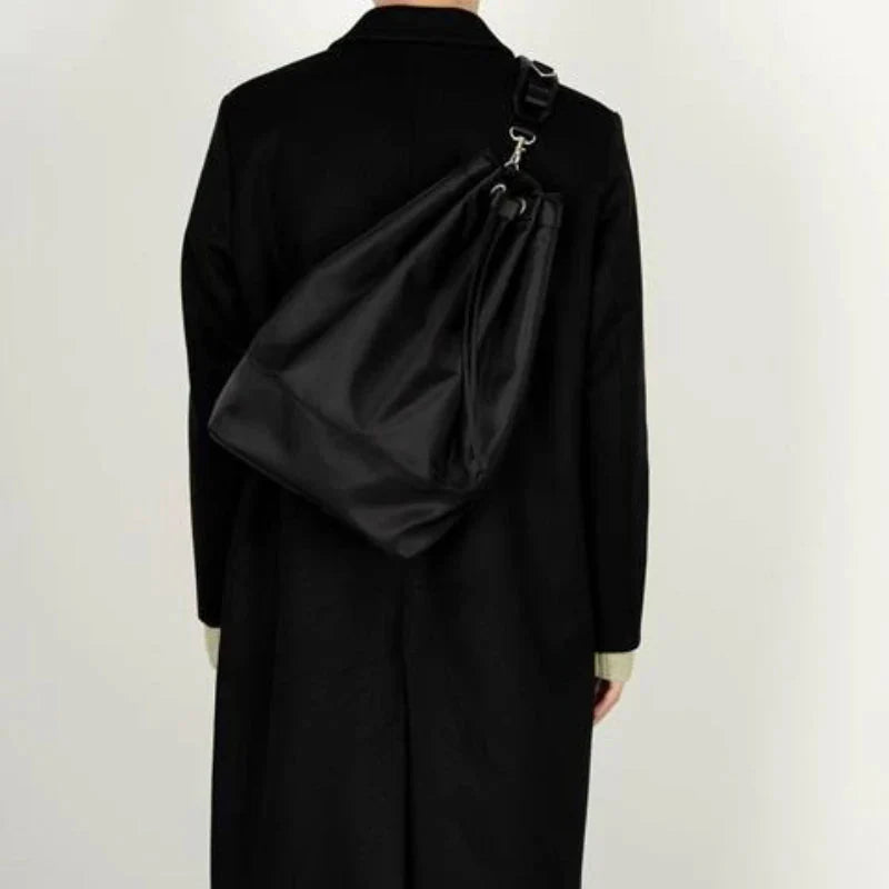 Y2k Aesthetic Simple Shoulder Bag Nylon All Match Solid Handbags Trendy Vintage Drawstring Crossbody Bags Trendy