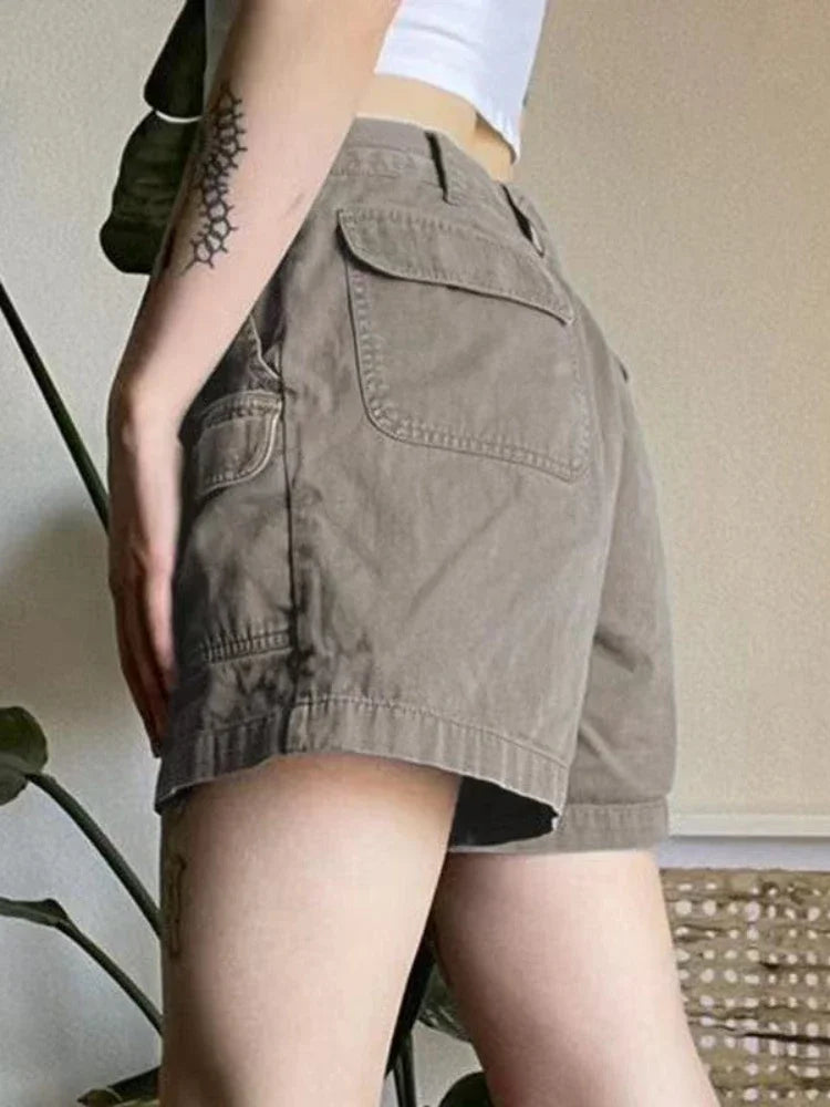 Y2k Vintage Streetwear Cargo Denim Shorts American Retro Harajuku Solid Loose Jeans Casual Pocket Chic