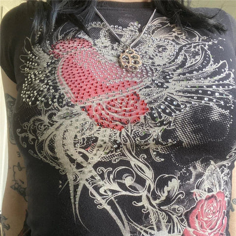 Cyber y2k Tops Cybercore Clothing Rhinestone Cross Print Short Sleeve Baby Tee 2000s Aesthetic T Shirt Streetwear