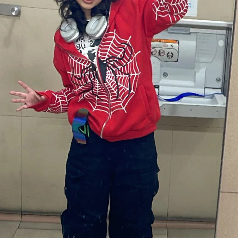 Y2k Rhinestone Skeleton Hoodies Gothic Black Zip Up Oversized Sweatshirts FeRetro Harajuku Hooded Jackets Streetwear
