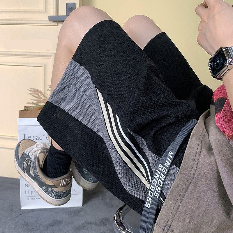 Panel Stripe Shorts Korean Chic Y2k Loose Straight Elastic Waist Short Pants Casual Harajuku Streetwear