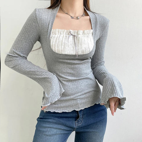 Voguable  y2k Lace Patchwork Fake Two Piece T-shirt Fairycore Flare Long Sleeve Tops Casual Kawaii Clothes Korean Shirt