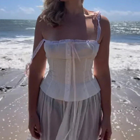 y2k Tops Spaghetti Strap Sleeveless Bustier Corset Camisole Pleated Vest 2000s Aesthetic Clothes Clubwear