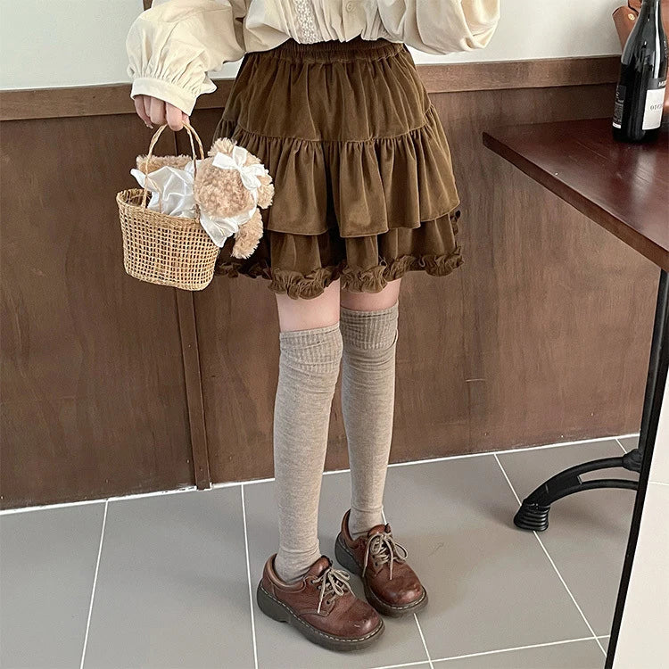 Voguable 90s Winter Ruffle Brown Kawaii Lolita Pleated Skirt Fairy Y2k Mini Skirt FeKorean Cute Mini Cake Casual Skirt