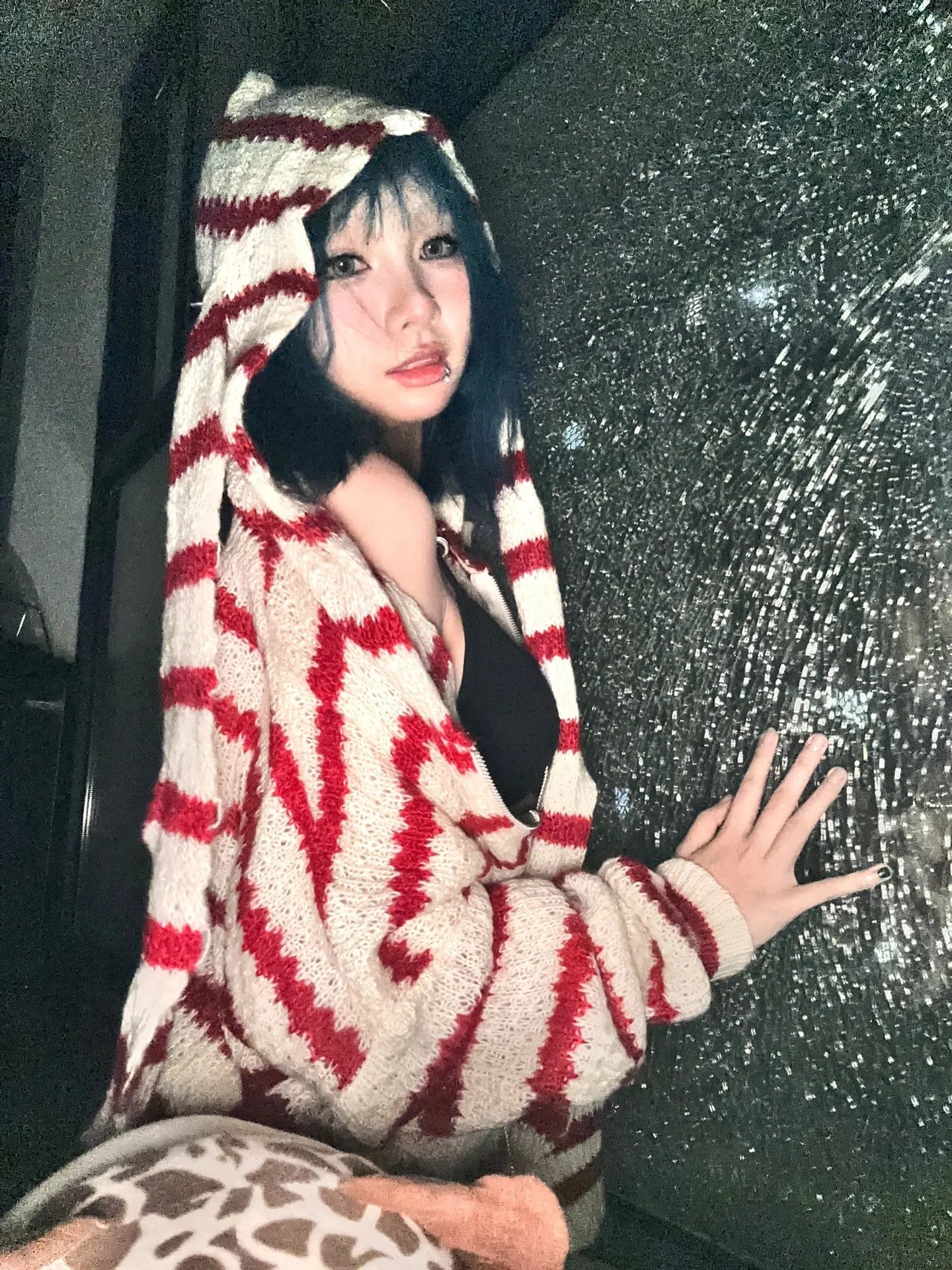 Japanese Y2k Hooded Cardigan 2000s Aesthetics Rabbit Ears Zipper Knitwear Vintage Harajuku Red Stripe Sweater Grunge