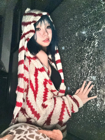 Japanese Y2k Hooded Cardigan 2000s Aesthetics Rabbit Ears Zipper Knitwear Vintage Harajuku Red Stripe Sweater Grunge