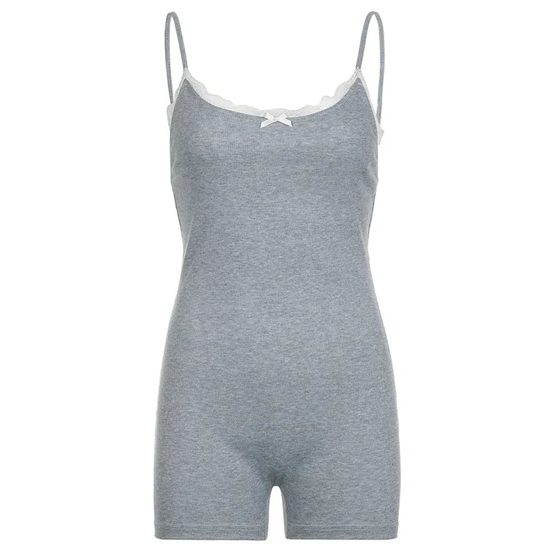 Voguable Chic Elegant Lace Stitching Bow Sleeveless Jumpsuits Shorts Y2K Casual Basic Slim-fitting Rompers Home Fitness Outfits