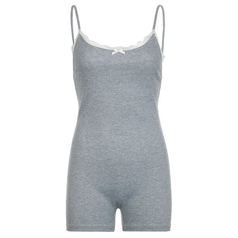 Voguable Chic Elegant Lace Stitching Bow Sleeveless Jumpsuits Shorts Y2K Casual Basic Slim-fitting Rompers Home Fitness Outfits