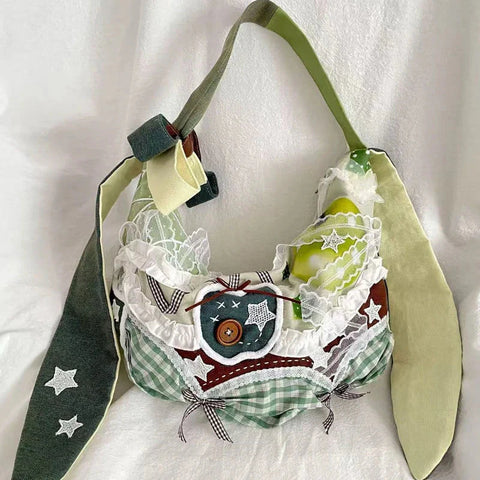 Harajuku Y2k Aesthetic Ins Underarm Bag Contrast Color Plaid Rabbit Ear Canvas Bag Grunge Patchwork Lace Shoulder Handbags